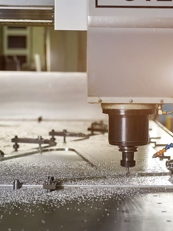 A CNC drill in the process of drilling holes through a large piece of sheet metal